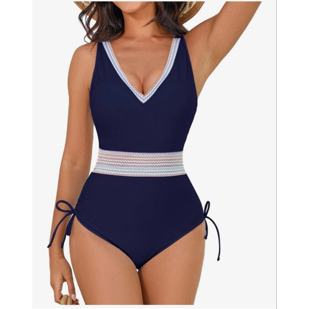 NEW 1 Pc Swimsuit Drawstring Deep V Neck Tummy Control XL